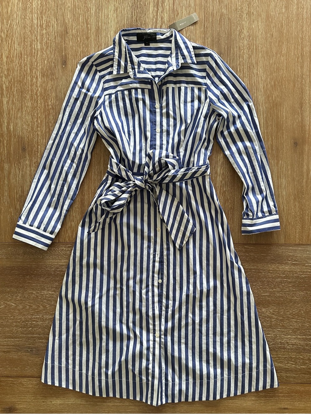 J.Crew White & Blue Striped Cotton Poplin Tie-Waist Shirtdress NWT